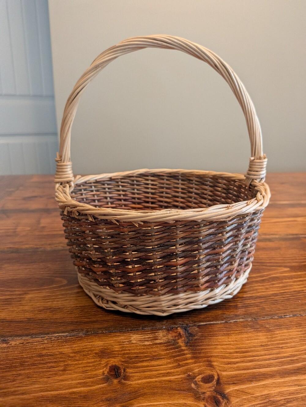 Woven Two-Tone Brown and Natural Wicker Basket with Handle